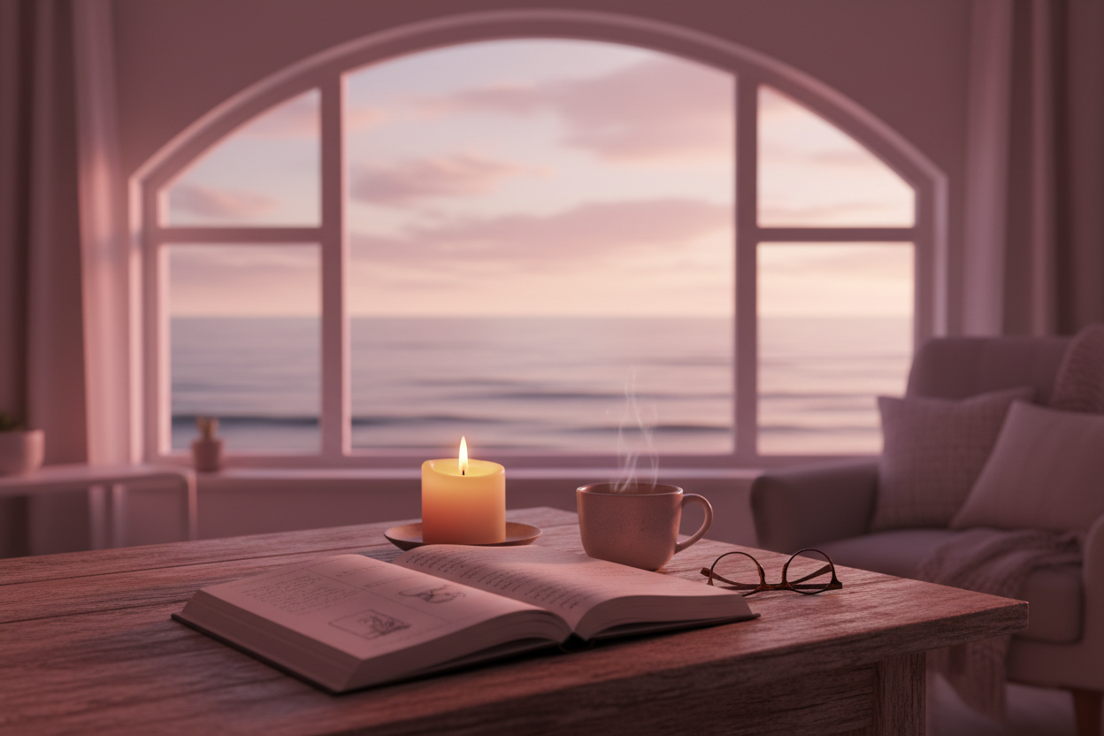 journal on the table candle behind and ocean view on window cozy setting pink tones